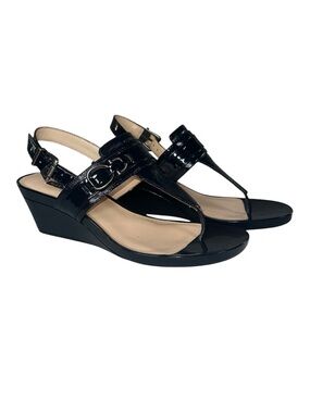 Alex Marie Jayde Navy Leather Wedge Sandals Slingback Buckle Comfort Size 8
